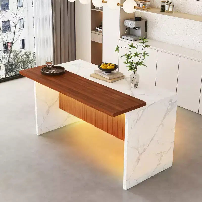 GDFStudio Taryn Modern 63 Wooden Kitchen Island with LED Lights and Marble Look