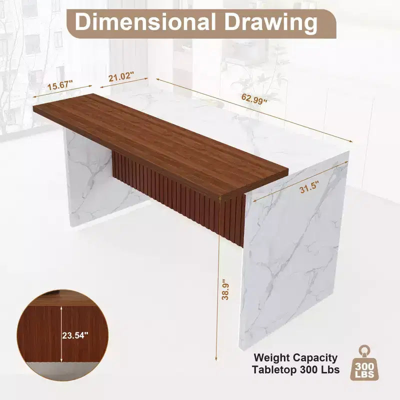 GDFStudio Taryn Modern 63 Wooden Kitchen Island with LED Lights and Marble Look