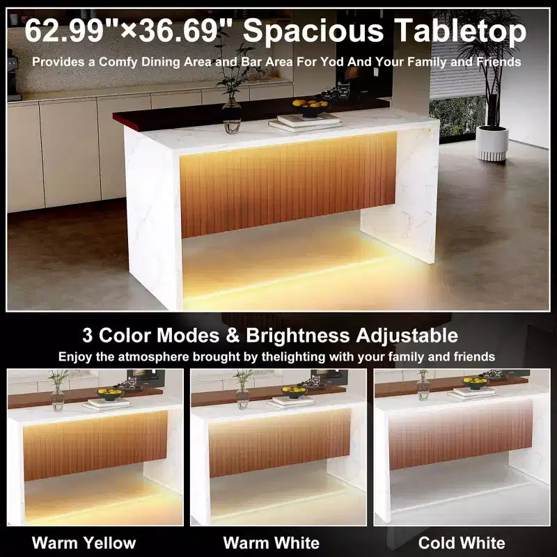 GDFStudio Taryn Modern 63 Wooden Kitchen Island with LED Lights and Marble Look