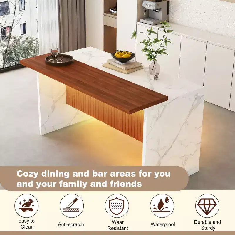 GDFStudio Taryn Modern 63 Wooden Kitchen Island with LED Lights and Marble Look