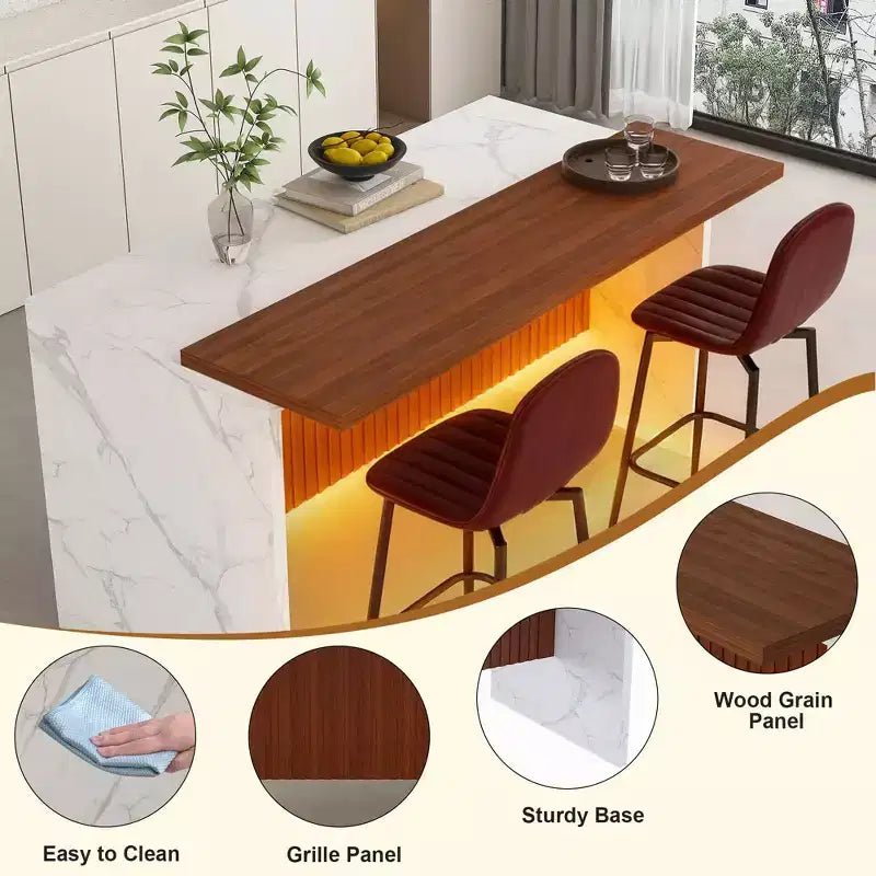 GDFStudio Taryn Modern 63 Wooden Kitchen Island with LED Lights and Marble Look