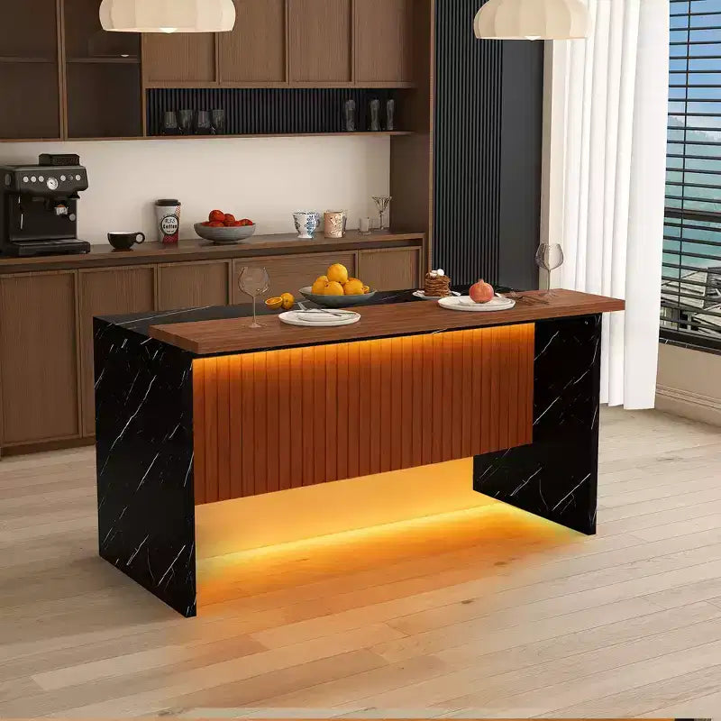 GDFStudio Taryn Modern 63 Wooden Kitchen Island with LED Lights and Marble Look