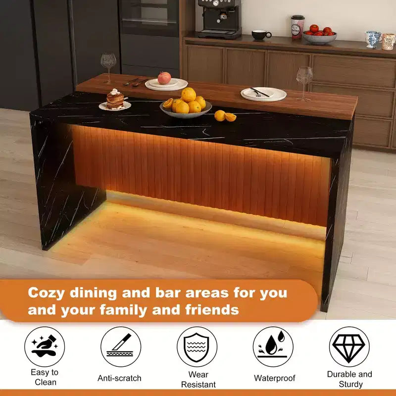 GDFStudio Taryn Modern 63 Wooden Kitchen Island with LED Lights and Marble Look