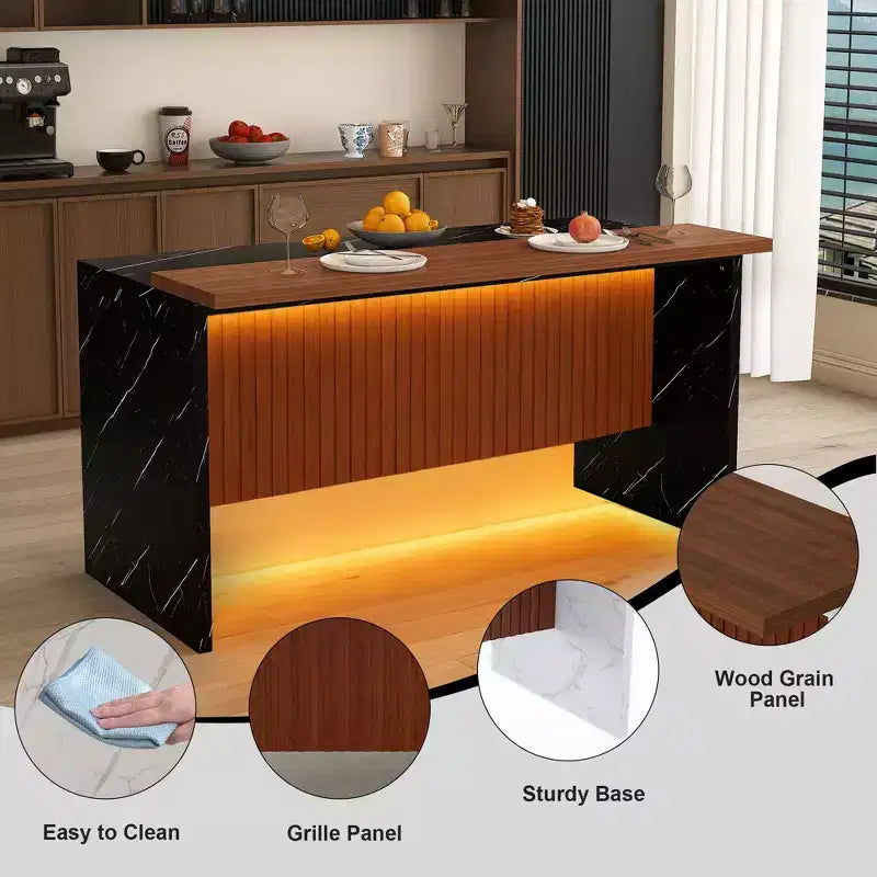 GDFStudio Taryn Modern 63 Wooden Kitchen Island with LED Lights and Marble Look