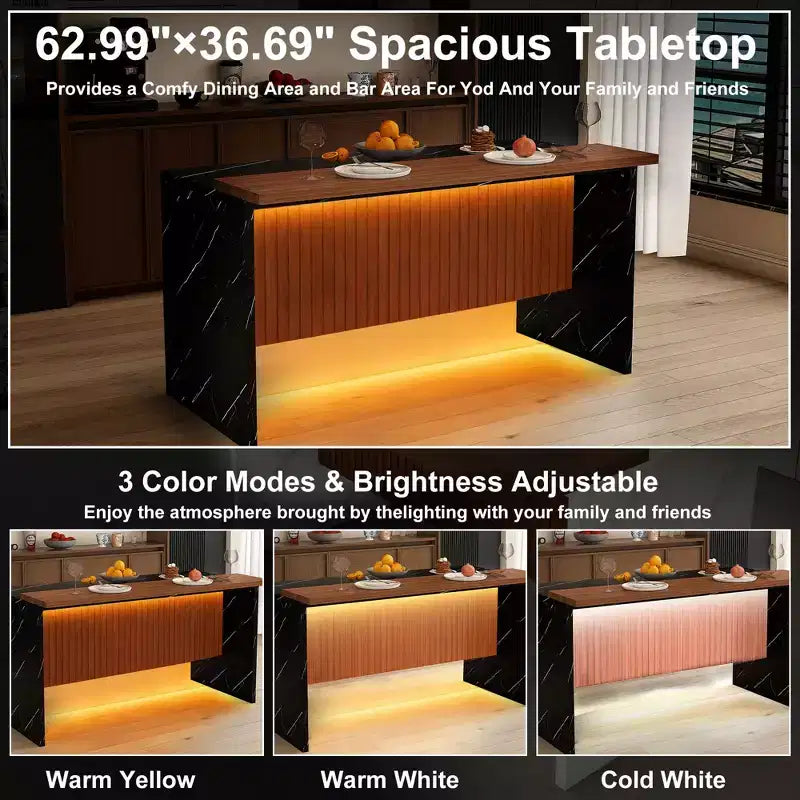 GDFStudio Taryn Modern 63 Wooden Kitchen Island with LED Lights and Marble Look