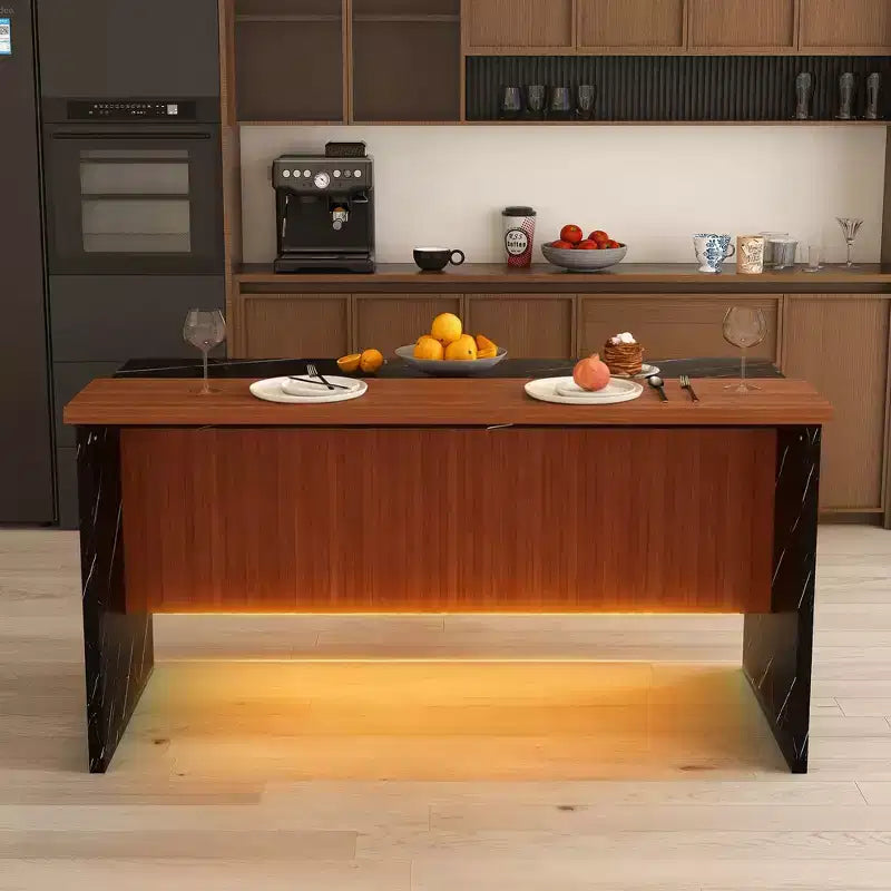 GDFStudio Taryn Modern 63 Wooden Kitchen Island with LED Lights and Marble Look