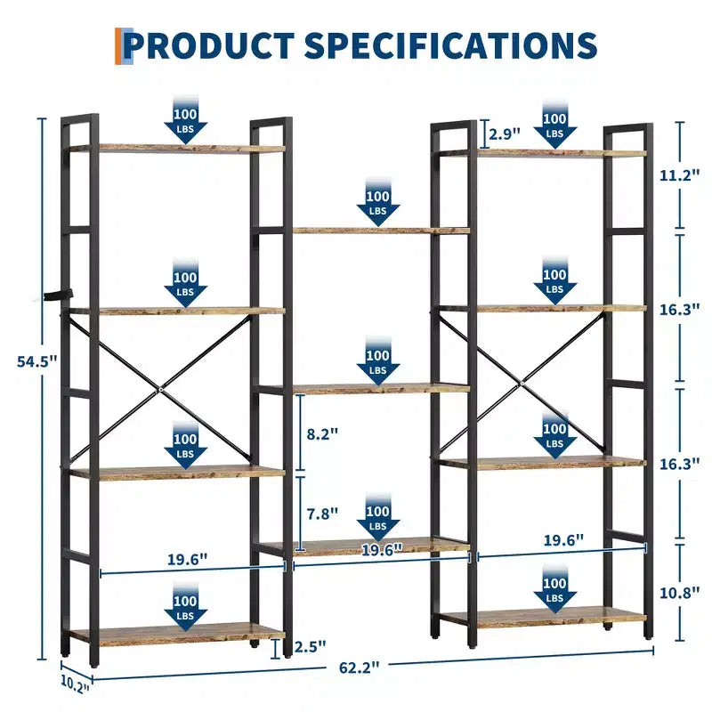 Industrial-style adjustable-shelf bookcase with open display tiers, suitable for living rooms, homes, and offices