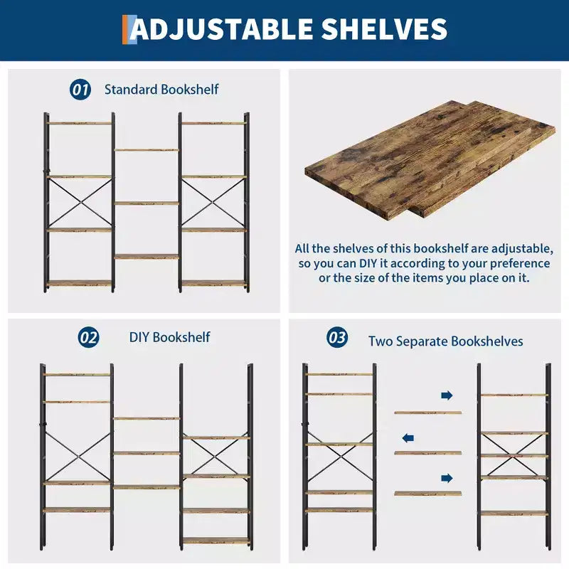 Industrial-style adjustable-shelf bookcase with open display tiers, suitable for living rooms, homes, and offices