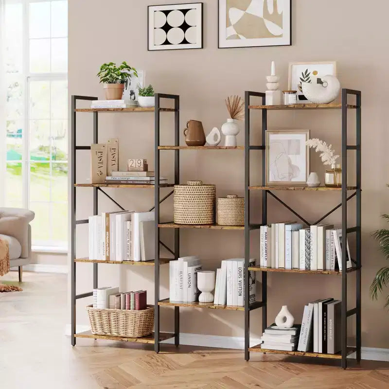 Industrial-style adjustable-shelf bookcase with open display tiers, suitable for living rooms, homes, and offices