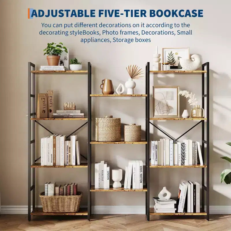 Industrial-style adjustable-shelf bookcase with open display tiers, suitable for living rooms, homes, and offices