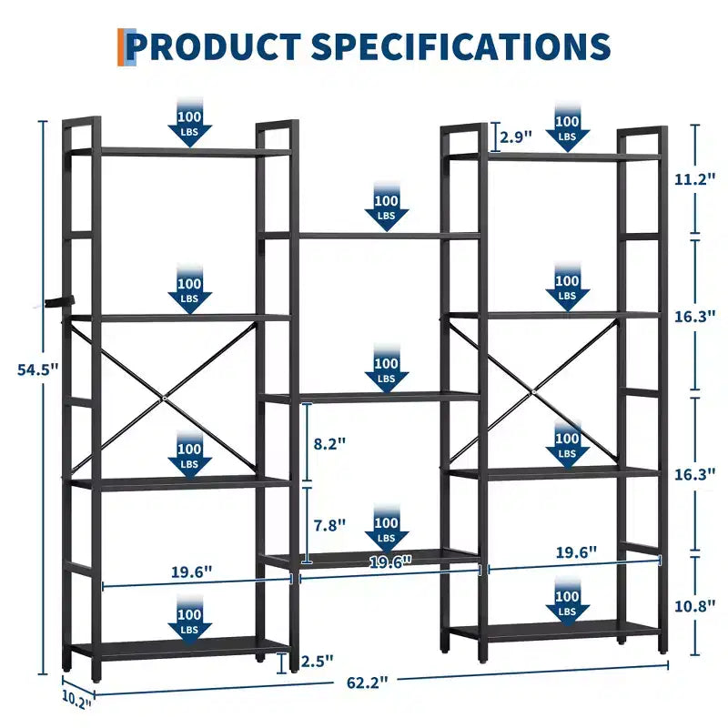 Industrial-style adjustable-shelf bookcase with open display tiers, suitable for living rooms, homes, and offices