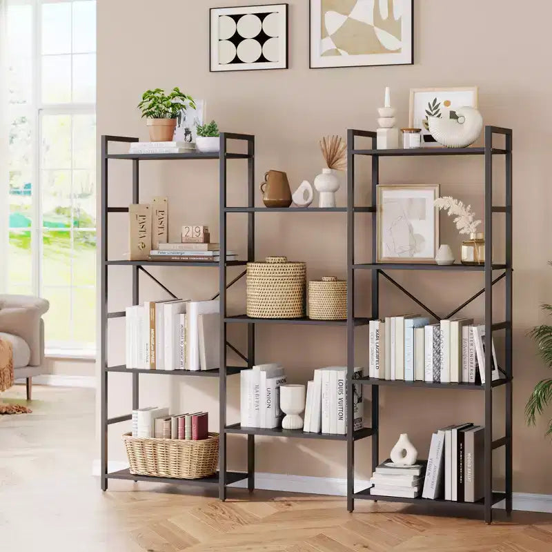 Industrial-style adjustable-shelf bookcase with open display tiers, suitable for living rooms, homes, and offices