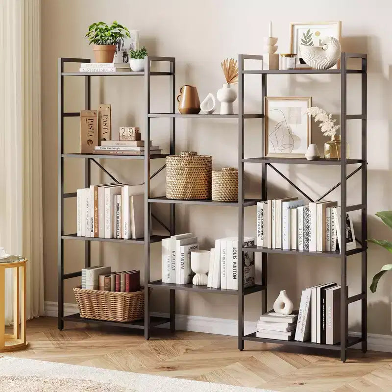 Industrial-style adjustable-shelf bookcase with open display tiers, suitable for living rooms, homes, and offices