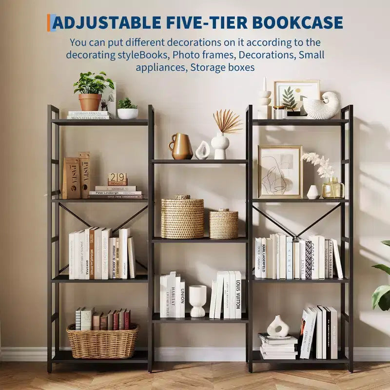 Industrial-style adjustable-shelf bookcase with open display tiers, suitable for living rooms, homes, and offices