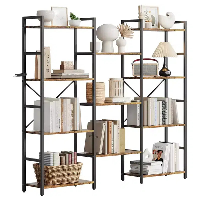 Industrial-style adjustable-shelf bookcase with open display tiers, suitable for living rooms, homes, and offices