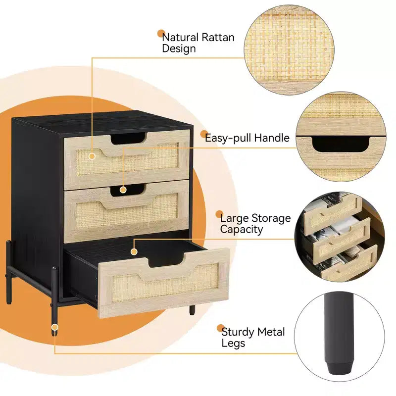 Wicker Storage Nightstand Modern Bohemian-Style Bedside Table Sturdy Wooden Legs Wicker Decorative Side Table for Bedroom and Living Room