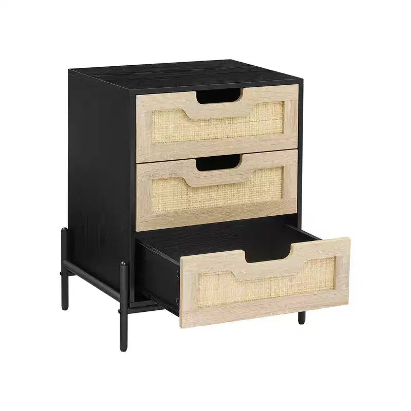 Wicker Storage Nightstand Modern Bohemian-Style Bedside Table Sturdy Wooden Legs Wicker Decorative Side Table for Bedroom and Living Room