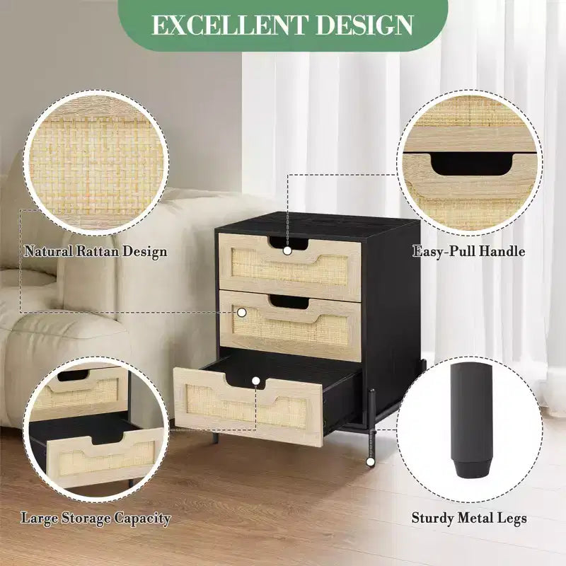 Wicker Storage Nightstand Modern Bohemian-Style Bedside Table Sturdy Wooden Legs Wicker Decorative Side Table for Bedroom and Living Room