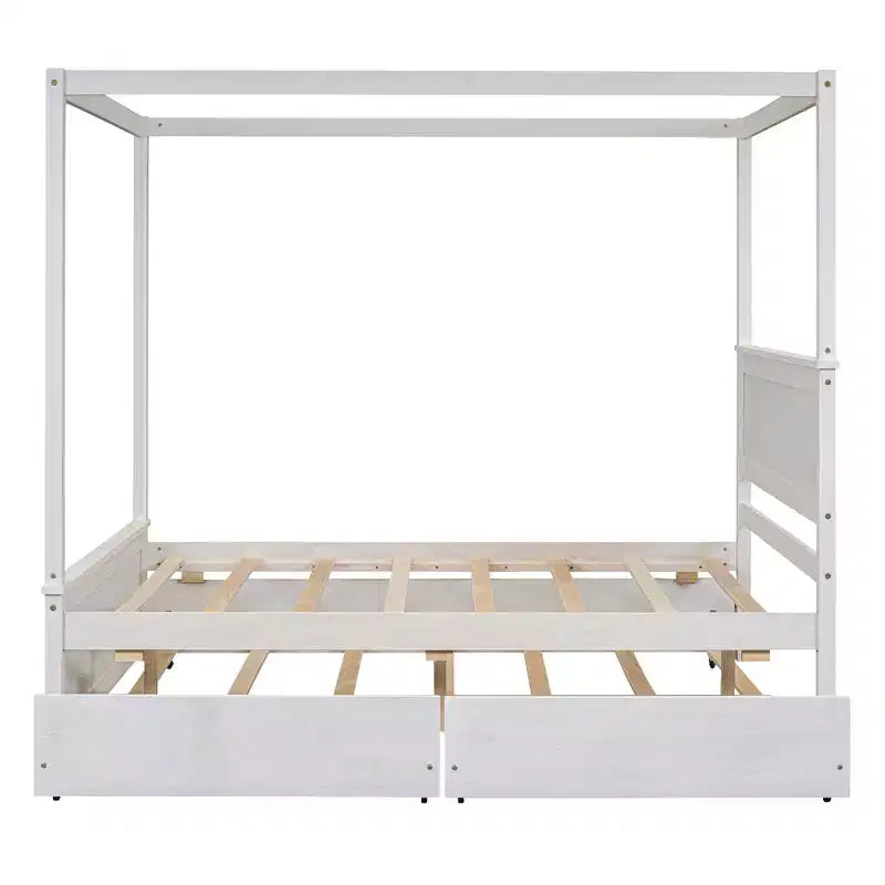 Full Size Canopy Bed Frame with Trundle and 2 Storage Drawers, Wood Full Platform Bed with Headboard, White