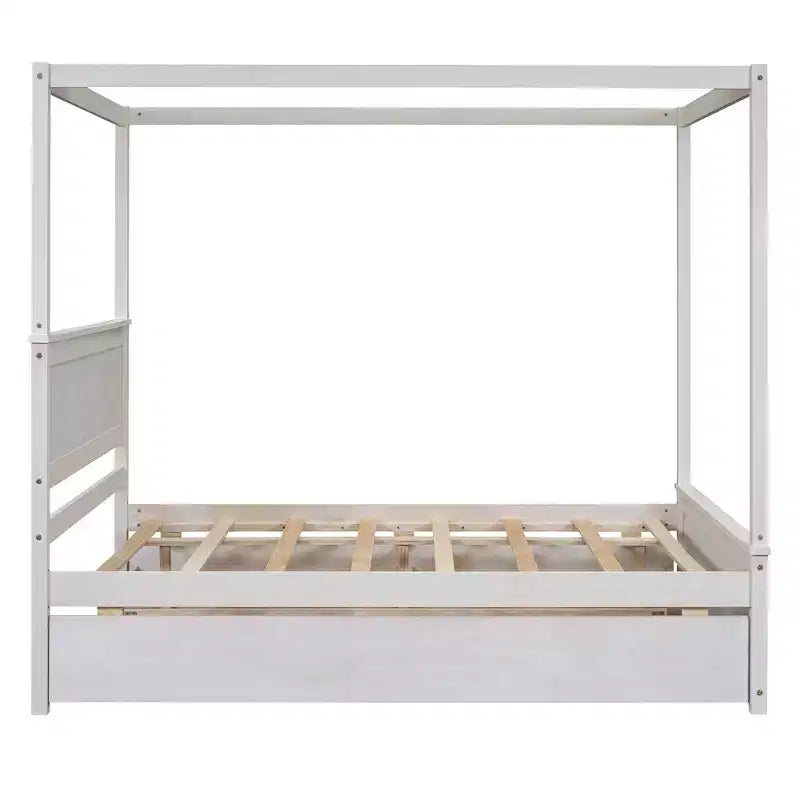 Full Size Canopy Bed Frame with Trundle and 2 Storage Drawers, Wood Full Platform Bed with Headboard, White