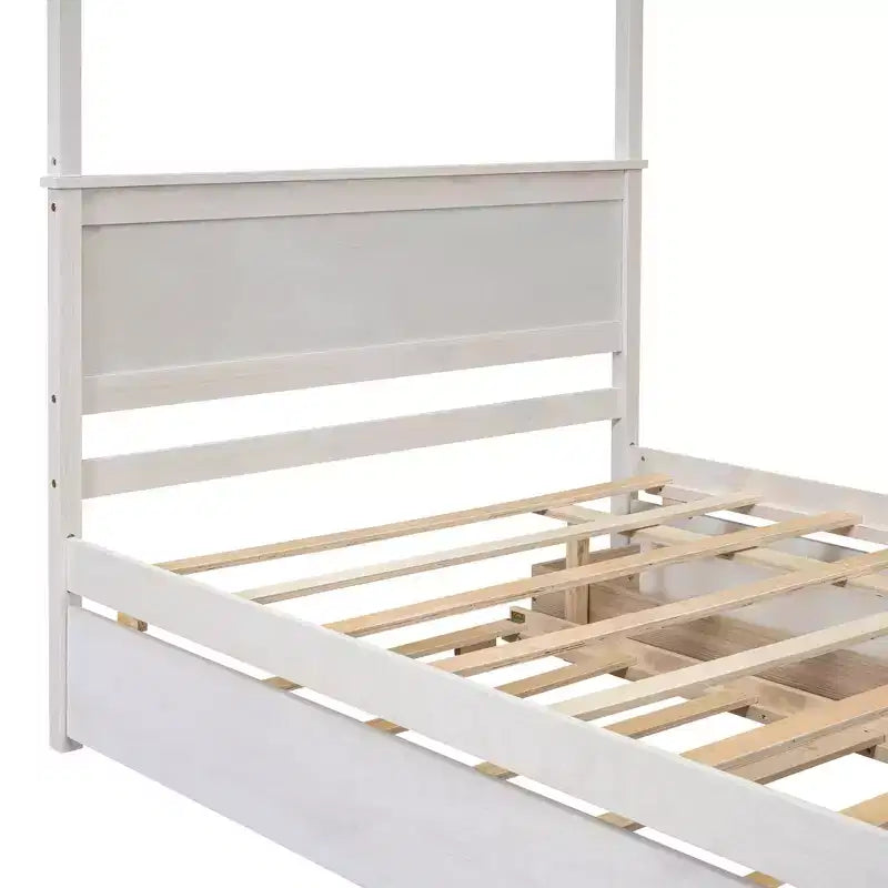 Full Size Canopy Bed Frame with Trundle and 2 Storage Drawers, Wood Full Platform Bed with Headboard, White