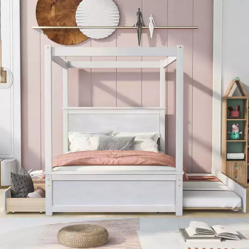 Full Size Canopy Bed Frame with Trundle and 2 Storage Drawers, Wood Full Platform Bed with Headboard, White