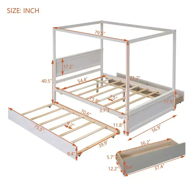 Full Size Canopy Bed Frame with Trundle and 2 Storage Drawers, Wood Full Platform Bed with Headboard, White