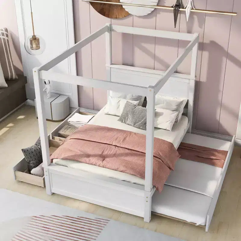 Full Size Canopy Bed Frame with Trundle and 2 Storage Drawers, Wood Full Platform Bed with Headboard, White