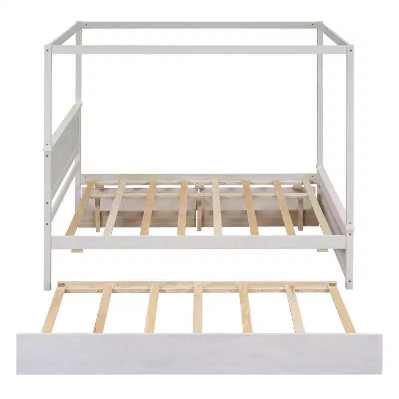 Full Size Canopy Bed Frame with Trundle and 2 Storage Drawers, Wood Full Platform Bed with Headboard, White