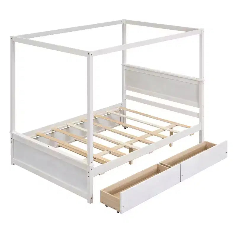 Full Size Canopy Bed Frame with Trundle and 2 Storage Drawers, Wood Full Platform Bed with Headboard, White
