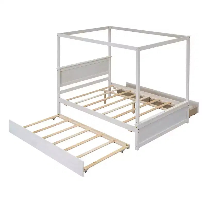 Full Size Canopy Bed Frame with Trundle and 2 Storage Drawers, Wood Full Platform Bed with Headboard, White