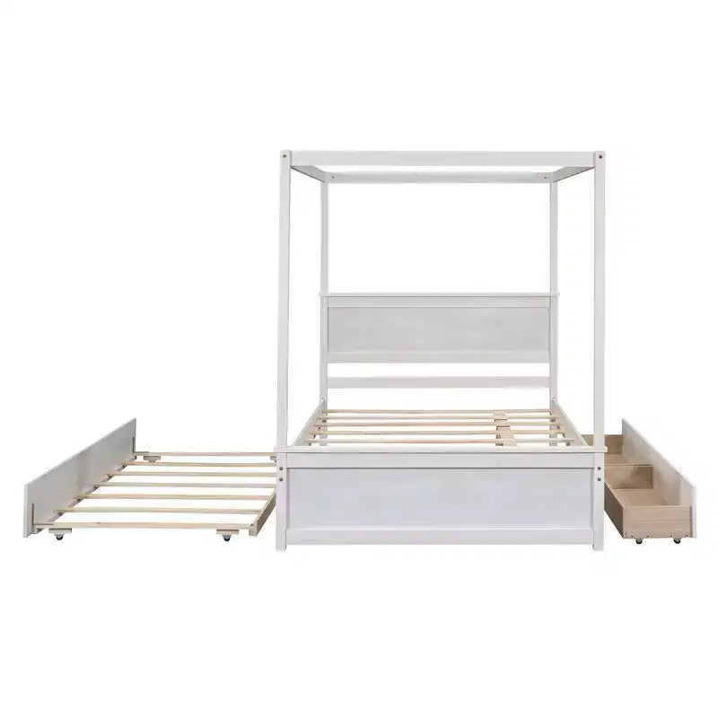 Full Size Canopy Bed Frame with Trundle and 2 Storage Drawers, Wood Full Platform Bed with Headboard, White
