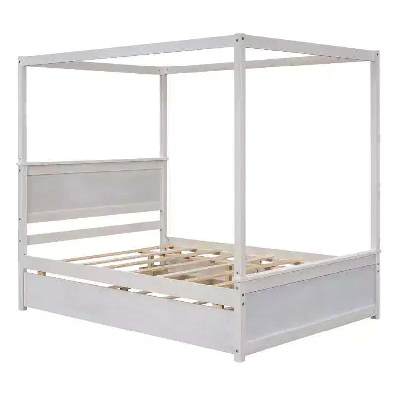 Full Size Canopy Bed Frame with Trundle and 2 Storage Drawers, Wood Full Platform Bed with Headboard, White