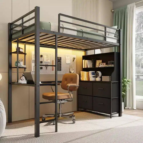 Double loft bed with desk, 4 large fabric drawers and open shelves, equipped with lights, sockets, safety rails and ladder, space-saving