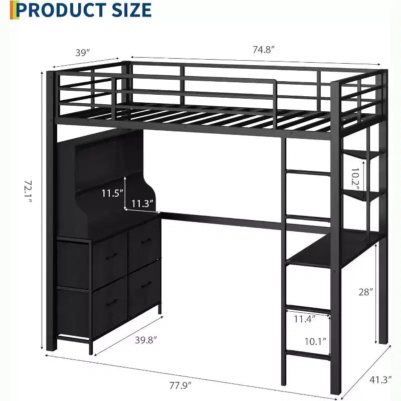 Double loft bed with desk, 4 large fabric drawers and open shelves, equipped with lights, sockets, safety rails and ladder, space-saving