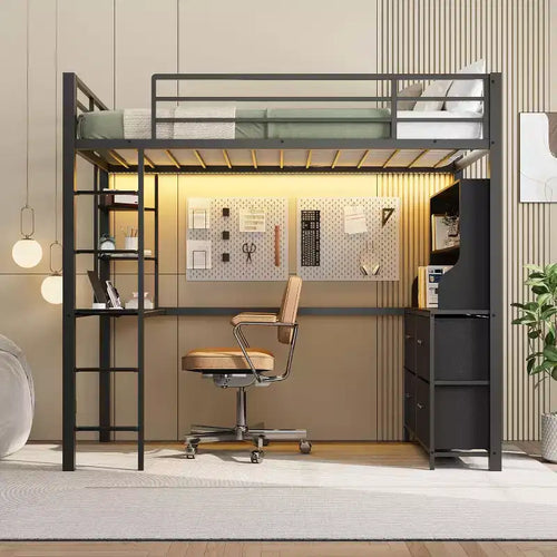 Double loft bed with desk, 4 large fabric drawers and open shelves, equipped with lights, sockets, safety rails and ladder, space-saving