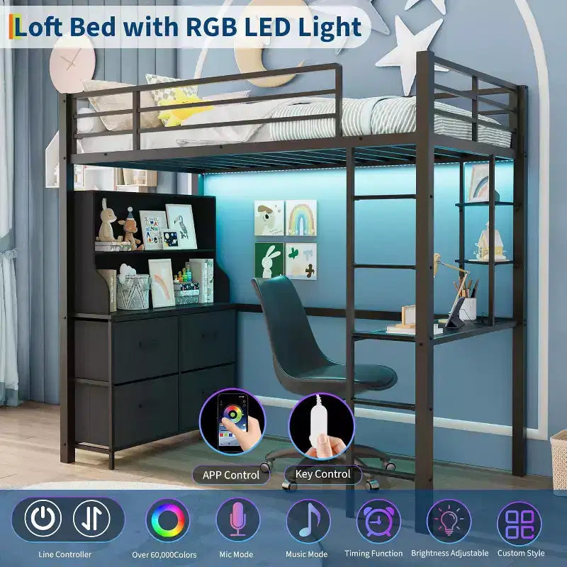 Double loft bed with desk, 4 large fabric drawers and open shelves, equipped with lights, sockets, safety rails and ladder, space-saving