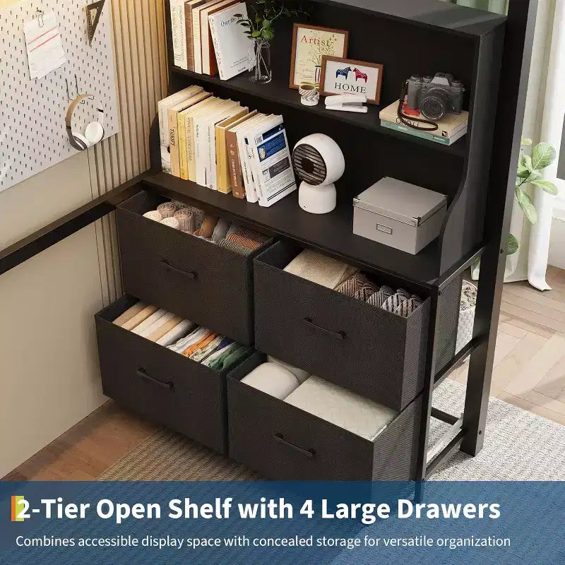 Double loft bed with desk, 4 large fabric drawers and open shelves, equipped with lights, sockets, safety rails and ladder, space-saving