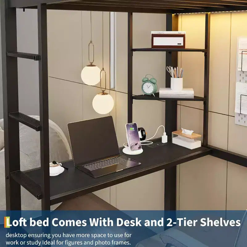 Double loft bed with desk, 4 large fabric drawers and open shelves, equipped with lights, sockets, safety rails and ladder, space-saving
