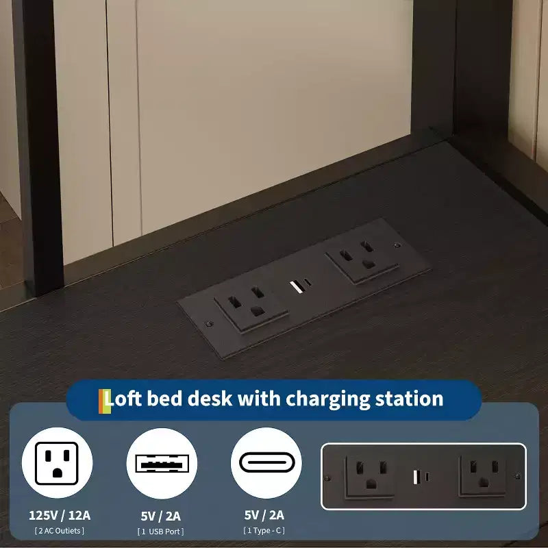 Double loft bed with desk, 4 large fabric drawers and open shelves, equipped with lights, sockets, safety rails and ladder, space-saving