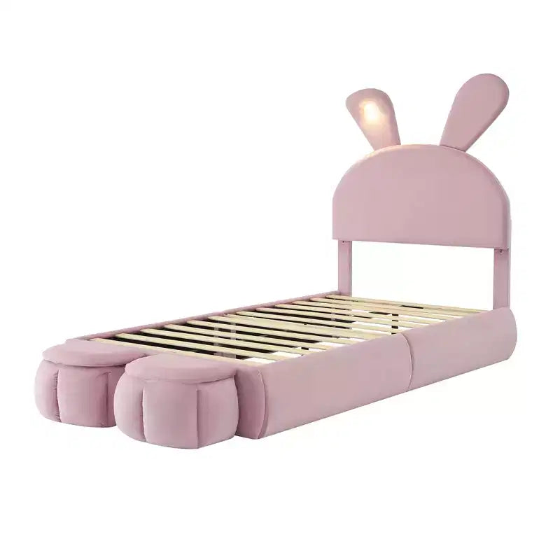 Twin Size Upholstered Platform Bed Frame for Kids, Wooden Bedframe with Cartoon Ears Shaped Headboard and Light, Pink