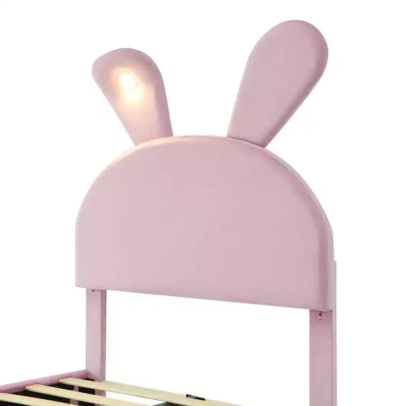 Twin Size Upholstered Platform Bed Frame for Kids, Wooden Bedframe with Cartoon Ears Shaped Headboard and Light, Pink