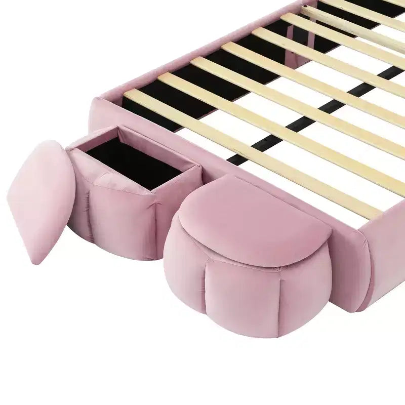 Twin Size Upholstered Platform Bed Frame for Kids, Wooden Bedframe with Cartoon Ears Shaped Headboard and Light, Pink