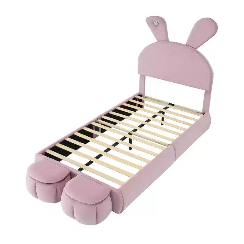 Twin Size Upholstered Platform Bed Frame for Kids, Wooden Bedframe with Cartoon Ears Shaped Headboard and Light, Pink