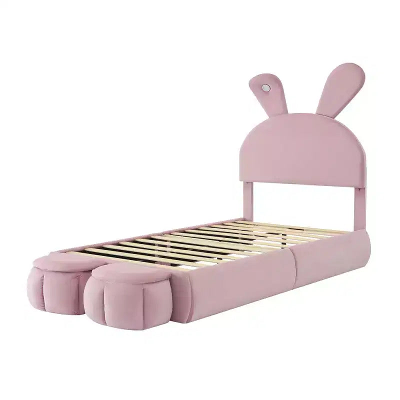Twin Size Upholstered Platform Bed Frame for Kids, Wooden Bedframe with Cartoon Ears Shaped Headboard and Light, Pink