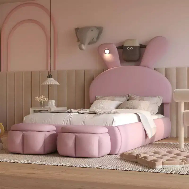 Twin Size Upholstered Platform Bed Frame for Kids, Wooden Bedframe with Cartoon Ears Shaped Headboard and Light, Pink