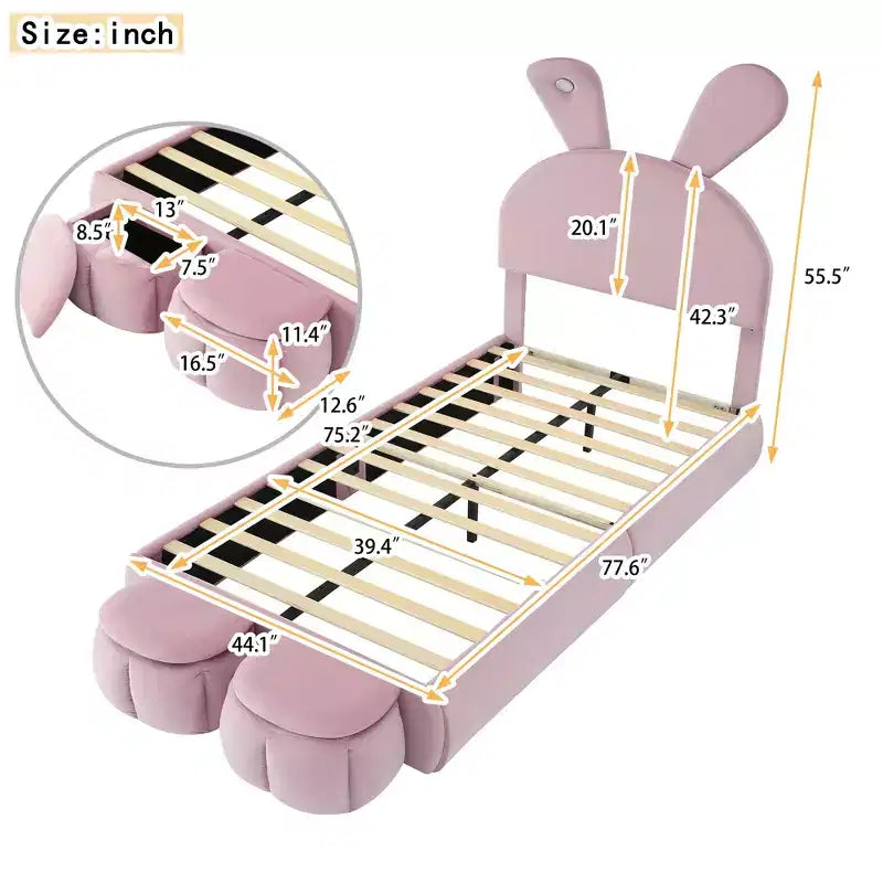 Twin Size Upholstered Platform Bed Frame for Kids, Wooden Bedframe with Cartoon Ears Shaped Headboard and Light, Pink