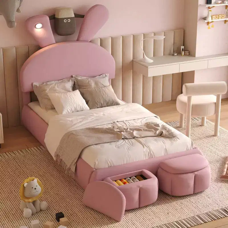 Twin Size Upholstered Platform Bed Frame for Kids, Wooden Bedframe with Cartoon Ears Shaped Headboard and Light, Pink