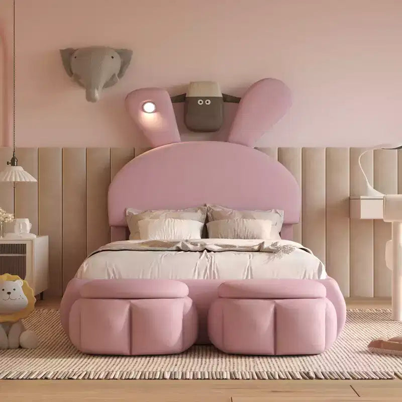 Twin Size Upholstered Platform Bed Frame for Kids, Wooden Bedframe with Cartoon Ears Shaped Headboard and Light, Pink