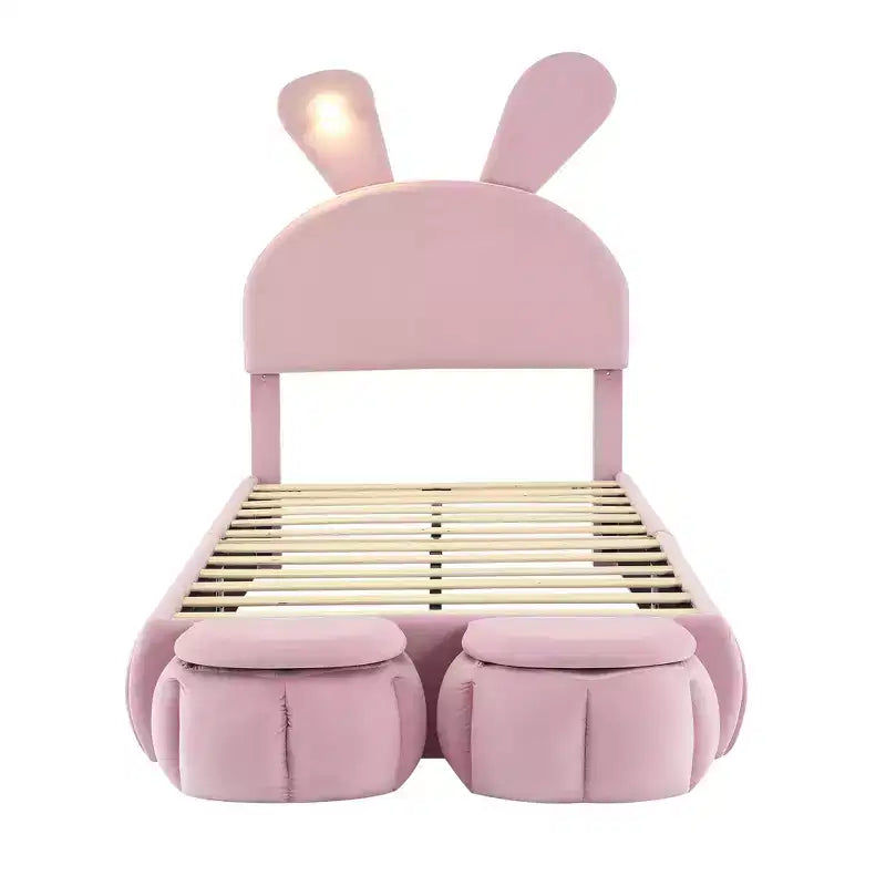 Twin Size Upholstered Platform Bed Frame for Kids, Wooden Bedframe with Cartoon Ears Shaped Headboard and Light, Pink